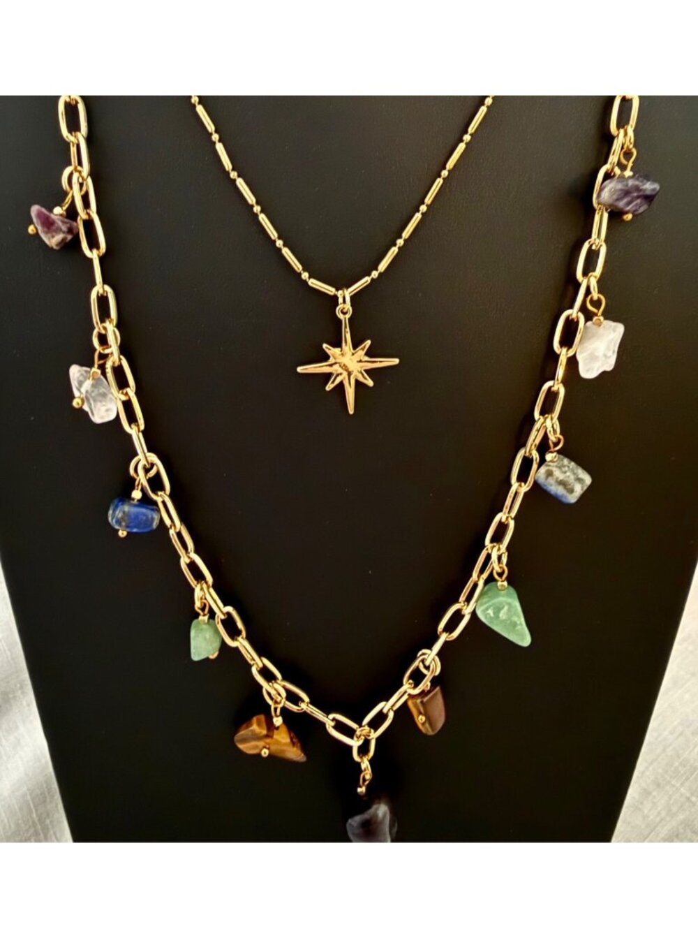 Long Layered Gold Necklace Star Pendant Natural Stone Charms Paperclip Chain - Picture 2 of 7